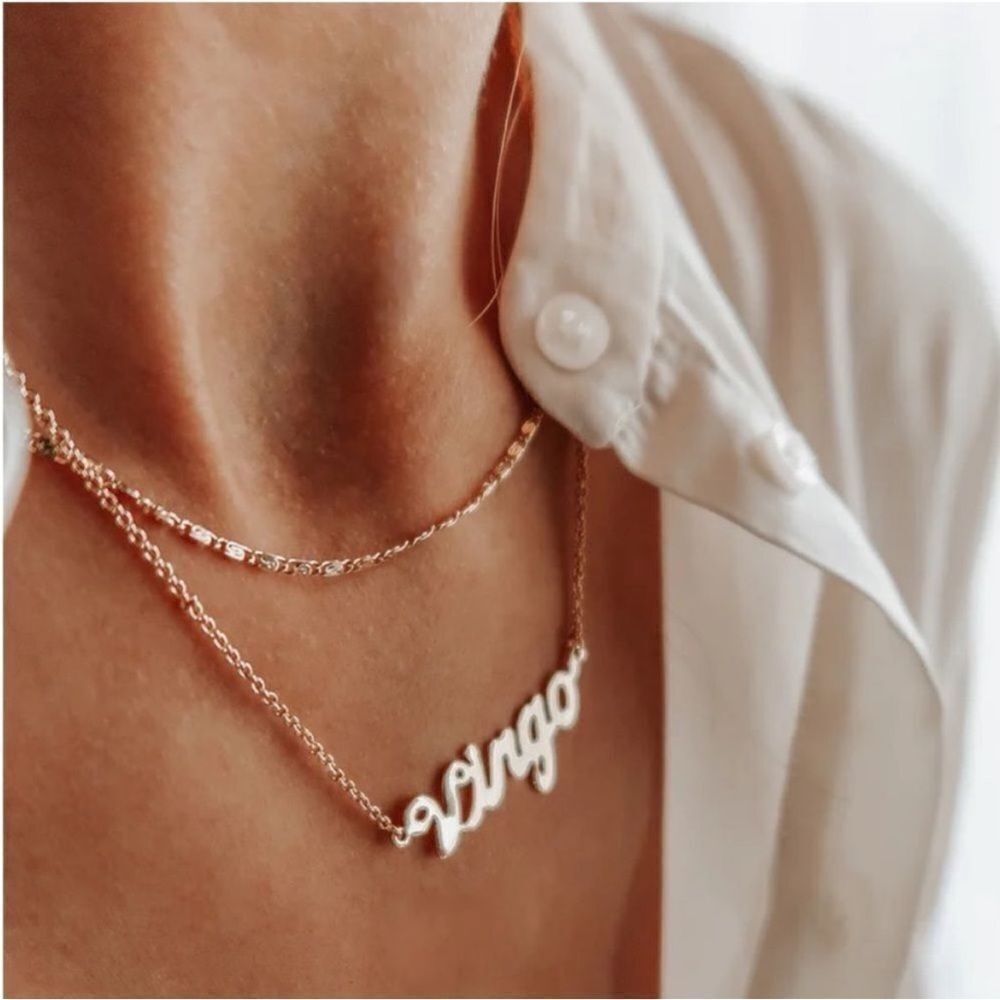 GOLD PLATED VIRGO SCRIPT ASTROLOGY , ZODIAC PEDANT HOROSCOPE NECKLACE